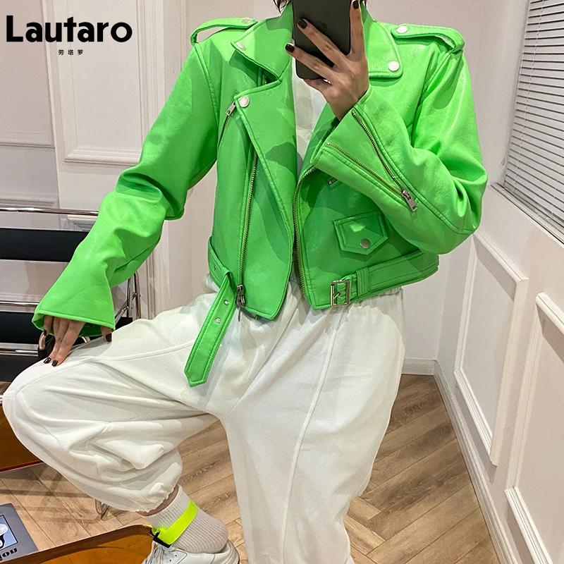 

Lautaro Y2k Short Green Gecko Biker Leather Jacket Long Sleeve Zipper Belt Colored Stylish Outerwear for Women Fashion 2021