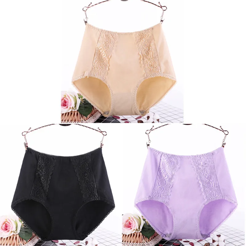 skin black purple 3 шт./лот, XL-6XL, плюс размер, женские трусы высокого качества, удобные, хлопок, высокая талия, нижнее белье, женские сексуальные кружевные трусики 3353 - Цвет: skin black purple