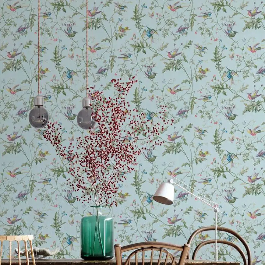 Humming Birds nordic wallpaper composed of exotic birds with multicoloured feathers, Scandinavian style Wallpaper