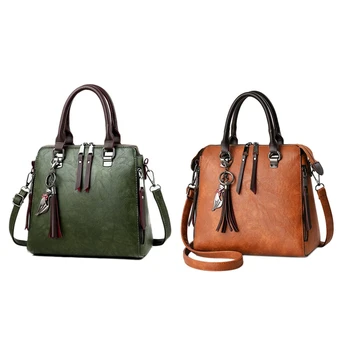 

2 Pcs Women Handbags High Quality Printing Women Bags Women PU Leather Shoulder Messenger Bags Sweet Tote Bag,Brown & Green