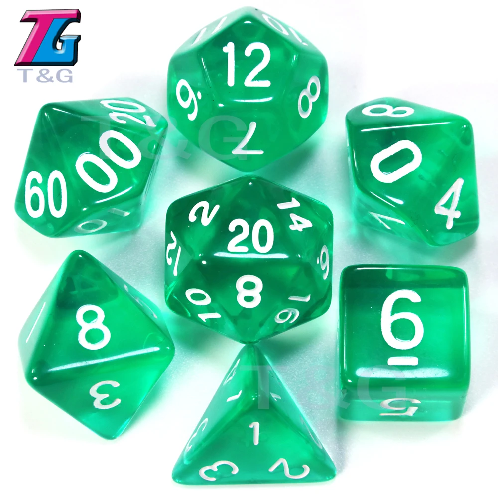 7 шт./компл. прозрачный набор костей для ролевых игр D4, d6, d8, d10, d10%, d12, d20 для Настольная игра, красный, синий, желтый, фиолетовый, зеленый, светло-зеленый высокое качество