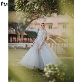 

Light Blue Beading Lace Evening Gown 2020 A-Line High Neck Tea-Length Hijab Formal Dress Long Sleeves Muslim Evening Dresses