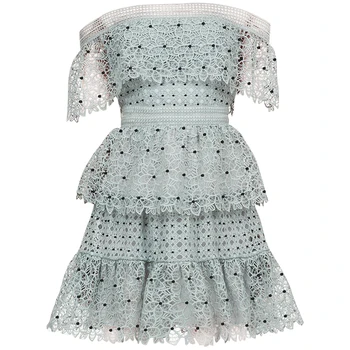 

Brand Fashion Women High-end Luxury Vintage Summer Slim Elegant Sexy Polka Dot Short-sleeved Lace Dress