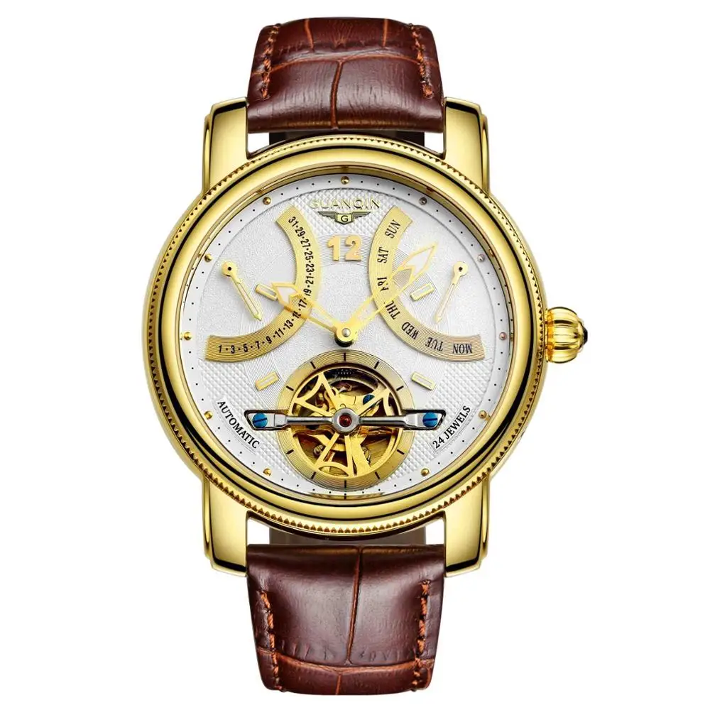 GUANQIN Мужские механические часы Tourbillon автоматические часы водонепроницаемые золотые брендовые роскошные часы Стальные деловые наручные часы - Цвет: A