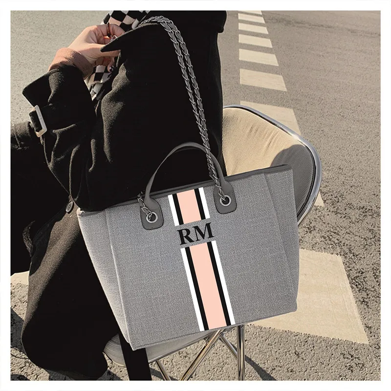 Personalized Monogram Beach Tote Bag Canvas Customised Stripe Initials Chain Handbag Monogrammed Market Bag Shopping Jutes