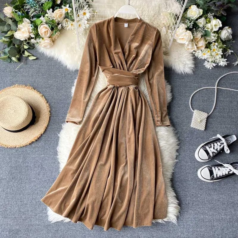 

NiceMix velvet dress women slim sexy v-neck bandage dresses vestidos new 2020 NEW autumn spring long sleeve elegant casual long