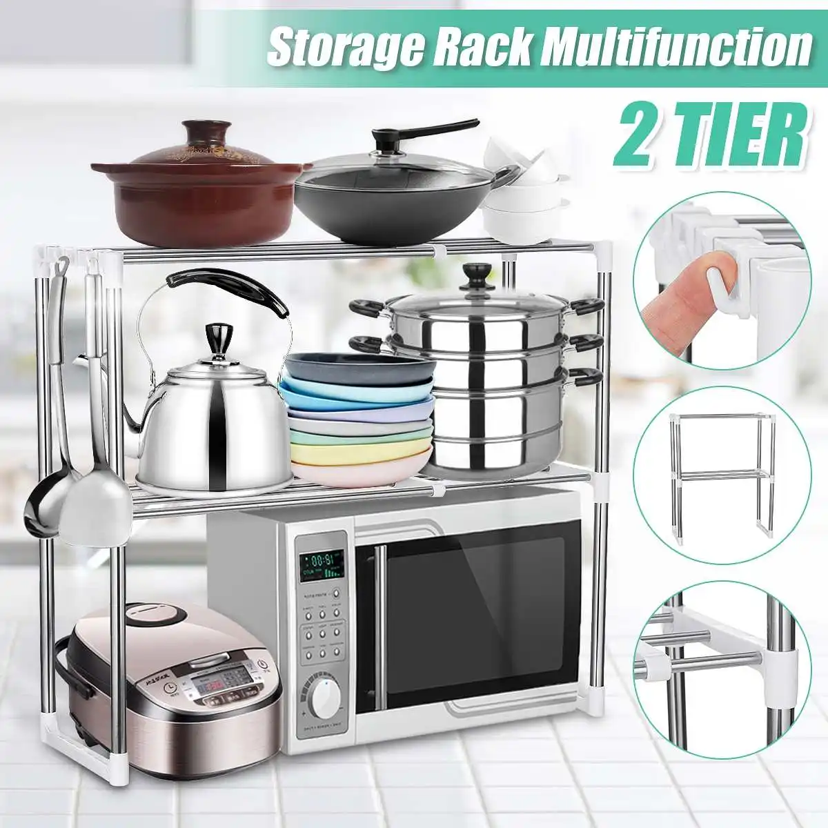 

Kitchen Storage Shelf Rack Microwave Oven Shelving Unit 2/3 Tier Multi-functional Microwave Oven Shelf Rack Standing Type