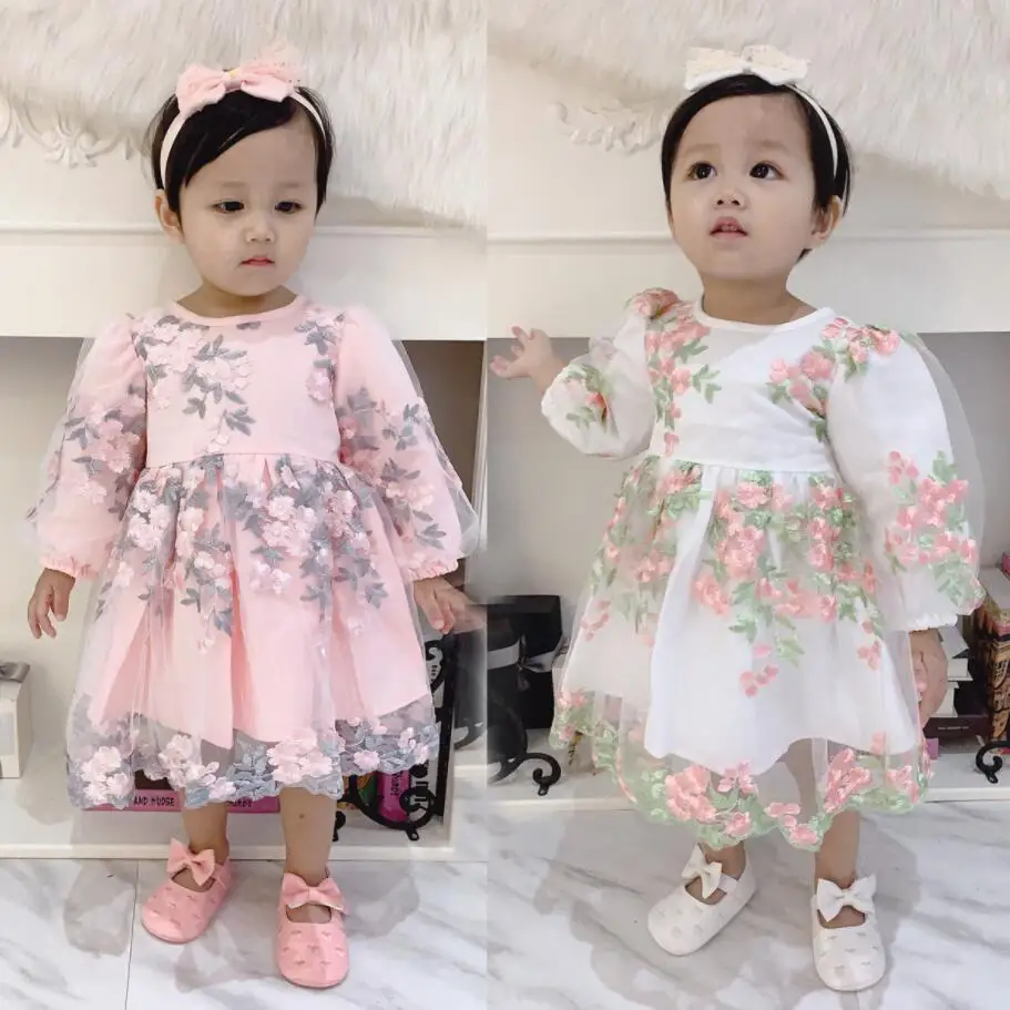 Платье на день рождения для маленьких девочек нарядное платье-пачка белого и розового цвета с вышивкой и длинными рукавами для маленьких девочек повязка на голову с бантом на возраст от 0 до 24 месяцев