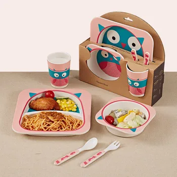 

Bamboo Fiber Children Tableware Set Creative Cartoon Bowl Divider Plate Spoon Fork Cup 5pcs Gift Tableware Bamboo Cutlery Set