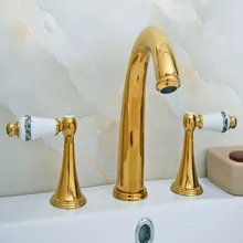 

Luxury Gold Color Brass Double Handles 3 Holes Install Widespread Deck Mounted Bathroom Sink Basin Faucet Sink Mixer Tap mgf023