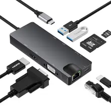 8 в 1 USB C концентратор адаптер USB C к HDMI USB 3,0 2 концентратор кардридер док-станция Поддержка SD TF VGA HDMI гигабитный LAN порт питания