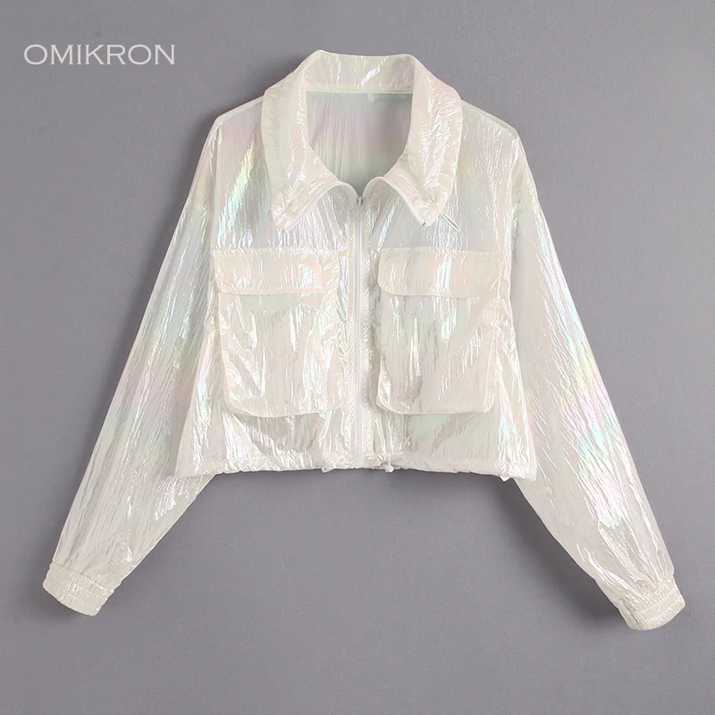 

OMIKRON Autumn Bomber Jacket Women Loose Silver Summer Thin Jacket Women Fluorescence Hip Hop Coat Plus Size Long Sleeve Coat