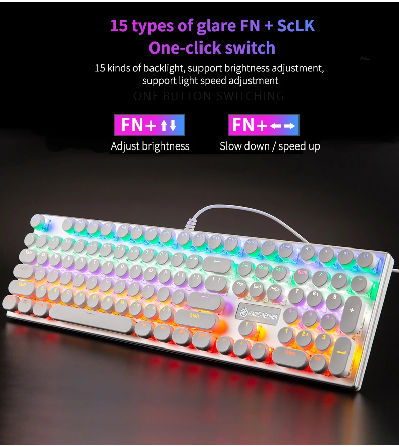 1505 rgb teclado mecânico retro redondo 108
