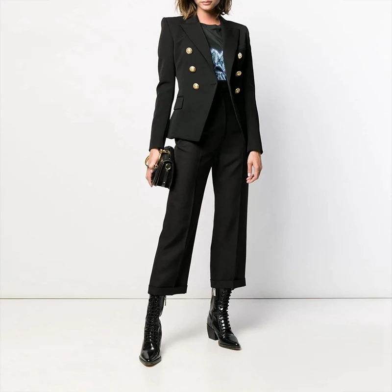 Laamei Blazer Jacket Women Double Breasted Metal Buttons Plaid Blazer Suit Jacket Office Lady Business Blazer Feminine Outwear