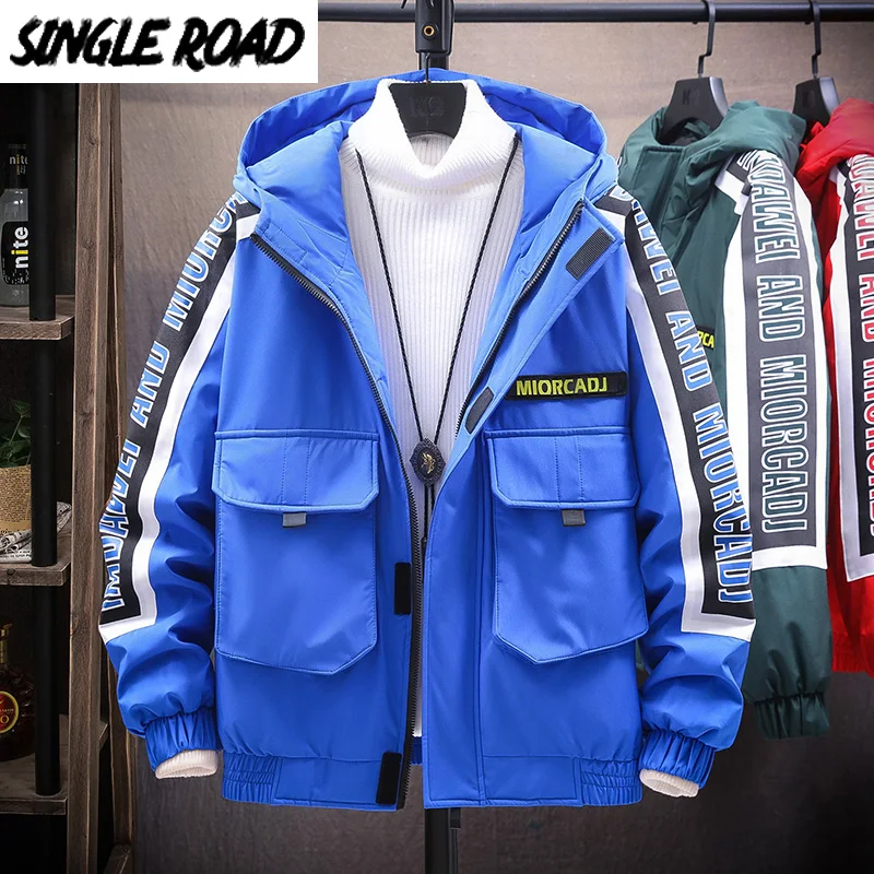 

SingleRoad Mens Winter Down Jacket Men Cargo Style Hooded Puffer Jacket Coat Side Striped Hip Hop Streetwear Fashion Parkas Men