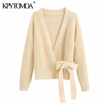 

KPYTOMOA Women 2020 Fashion Cropped Knitted Cardigan Sweater Vintage Tie Belt V Neck Long Sleeve Female Outerwear Chic Tops