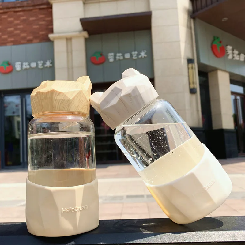 Хрустальный медведь стеклянная деревянная зернистая бутылка для воды с веревкой