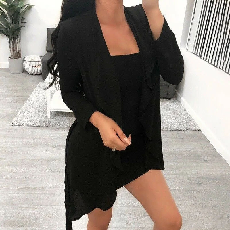 Femme Waterfall Open Front Kimono Cardigan Spring Autumn Ladies Long Sleeve Coat Woman Casual Loose Solid Jacket Top Outwear