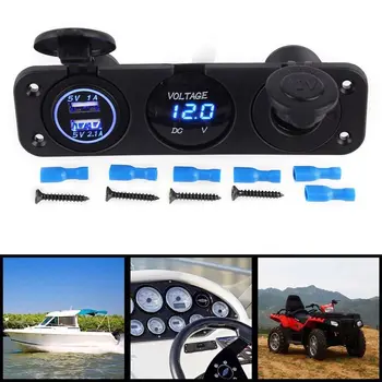 

12V Dual Port USB Charger Socket Car Boat Blue LED Voltmeter 3 Hole Panel Outlet