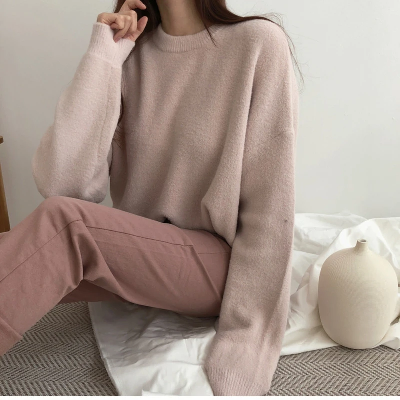 Свитер женский розовый вязаный пуловер Пушистый свитер круглый вырез длинный рукав свободный свитер Повседневная одежда