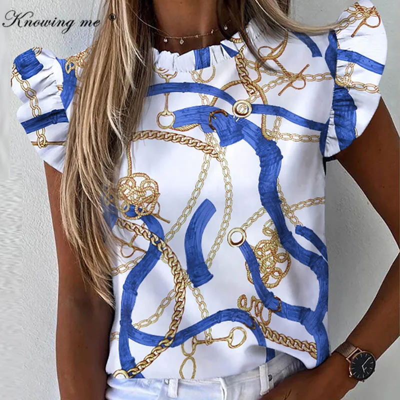 Blusa informal a rayas con Manga mariposa para Primavera, camisa con estampado de cadenas para mujer, cuello redondo