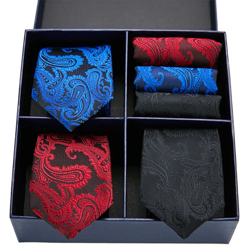 

New Design Tie Set With Gift Box Jacquard Woven gravata 7.5 cm Silk Hanky Necktie Sets For Weddin Party Men For Ties