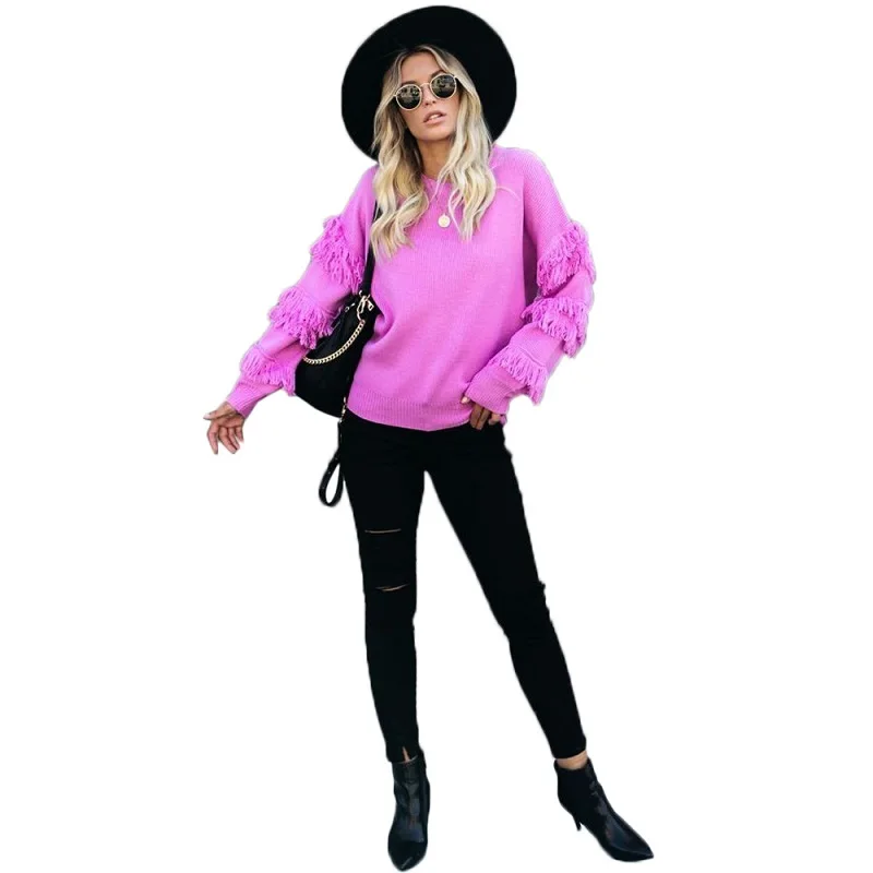 New autumn women 's tassel sleeve design sweater o-neck full sleeve pullovers high quality casual style female sweater SY268