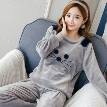 

Autumn Winter Warm Flannel Women Pyjamas Sets Coral Velvet Warm Cartoon Sleepwear Set Thin Flannel Pajamas Set for Girl Youth