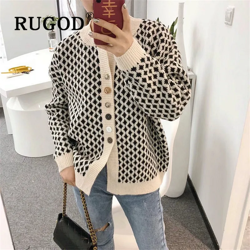 RUGOD свитер кардиганы для женщин новые зимние теплые с узором «ромбиками» толстые трикотажные Модные женские винтажные свободные топы