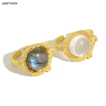 

ANDYWEN 925 Sterling Silver Gold Labradorite Gemstone Adjustable Rings Women Fashion 2020 Rock Punk Large Big Ring Jewelry Party