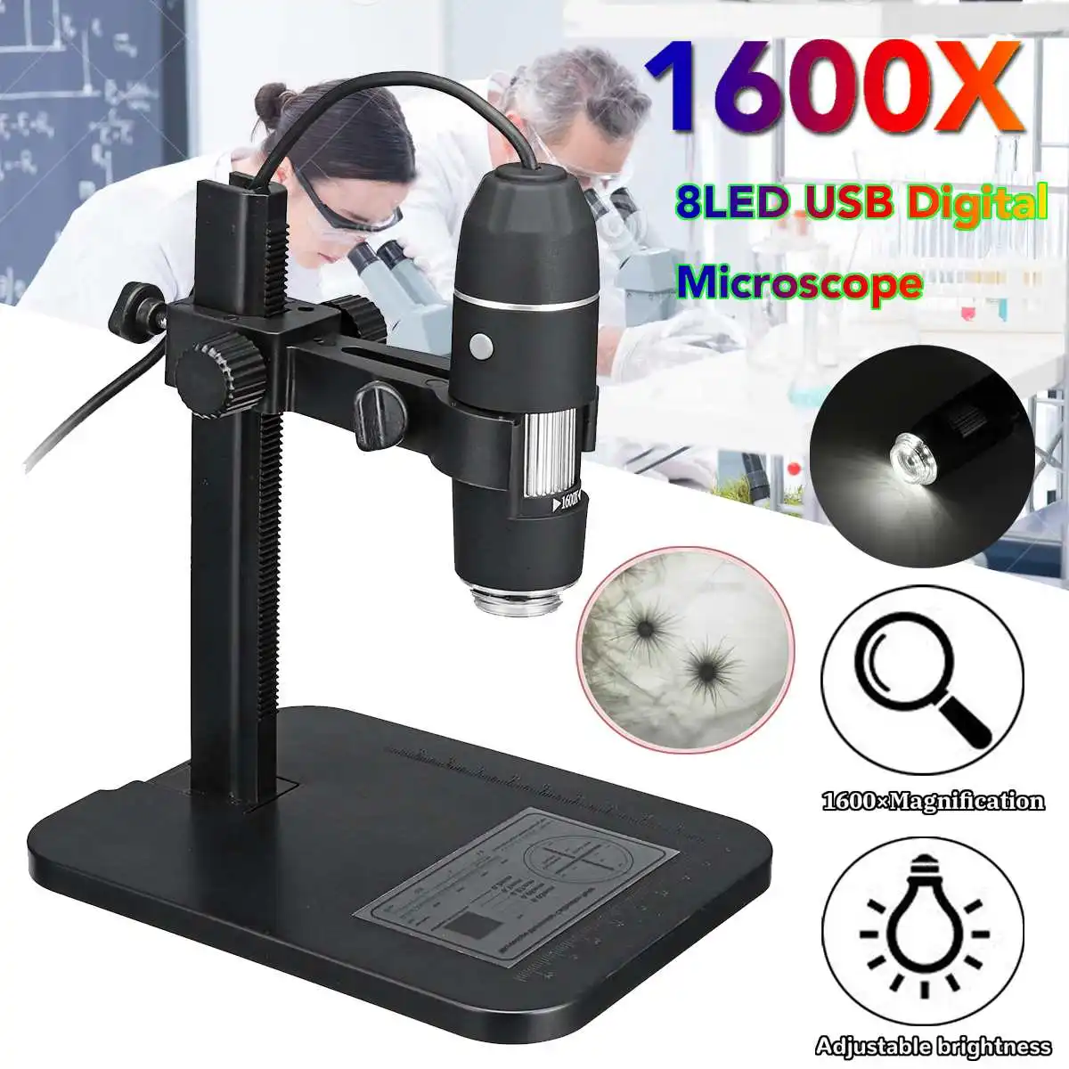 

Digital 1600X Microscope 8 LED 2MP Electronic Microscope Endoscope Zoom Camera Magnifier Lift Stand Tool with Measuring Ruler