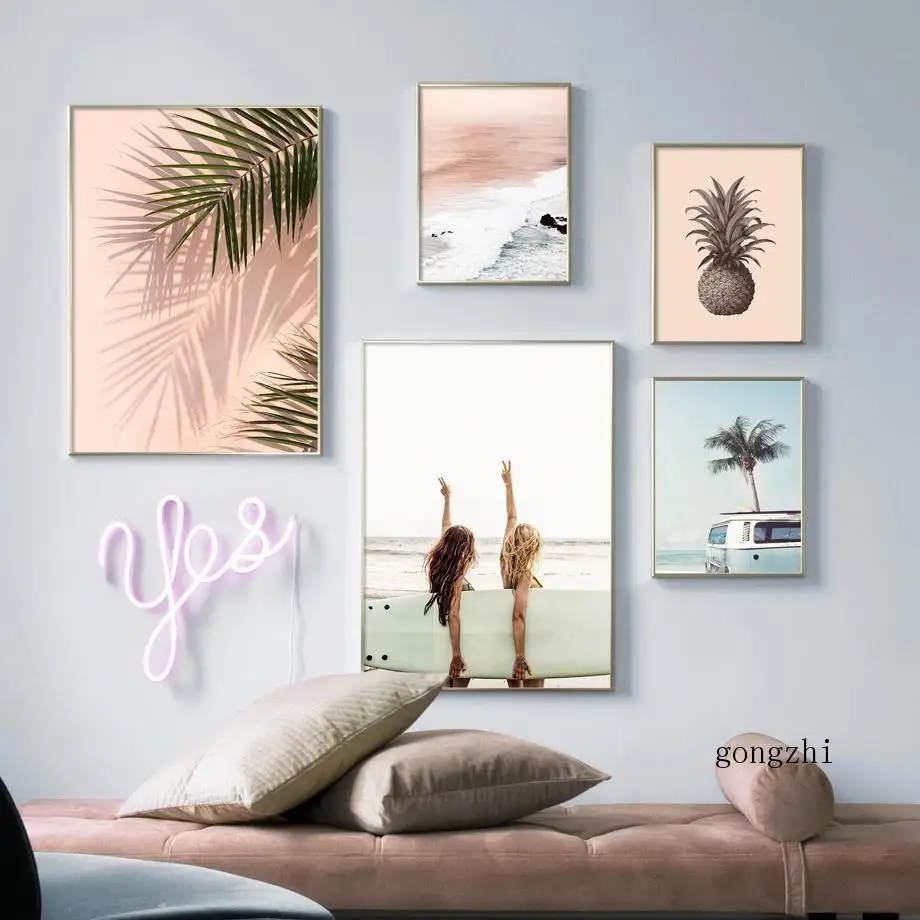 Surf Beach Waves Palm Leaf Bird Nordic Travel Poster E Stampa Wall Art Canvas Painting Decoration Pictures For Living Room