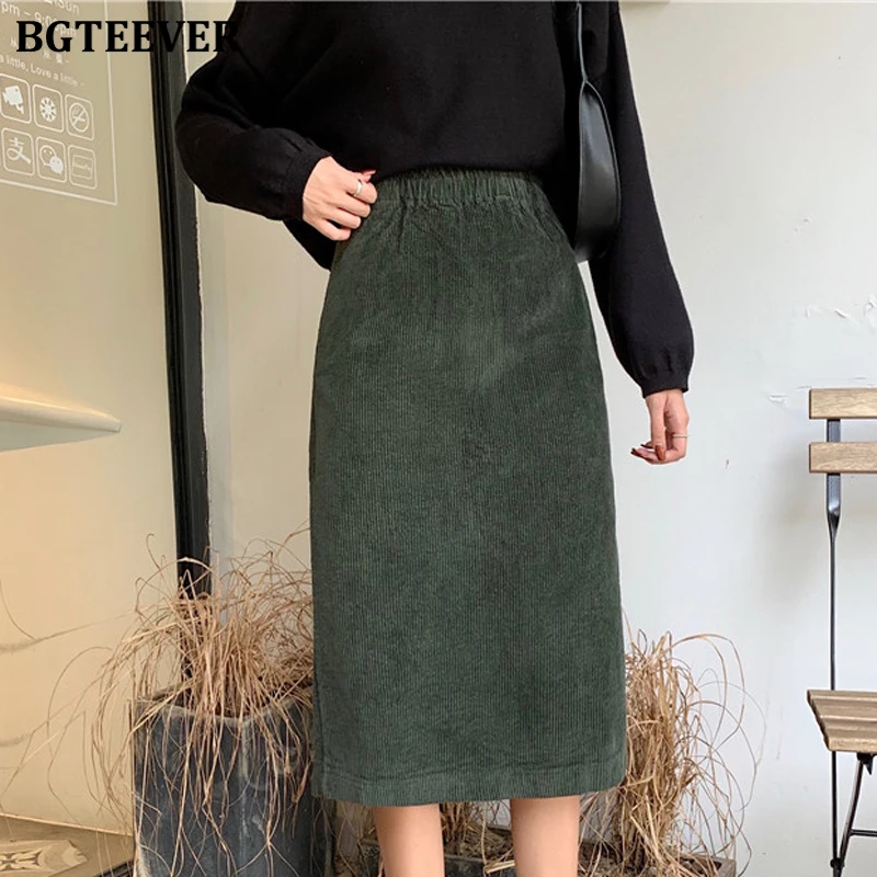 BGTEEVER 2019 винтажные зимние приталенные однотонные женские вельветовые юбки