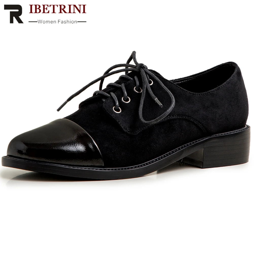 

RIBETRINI New Fashion Solid Black Office Shoes Woman lace-up OL Dress Pumps Women Med Chunky Heels Pumps