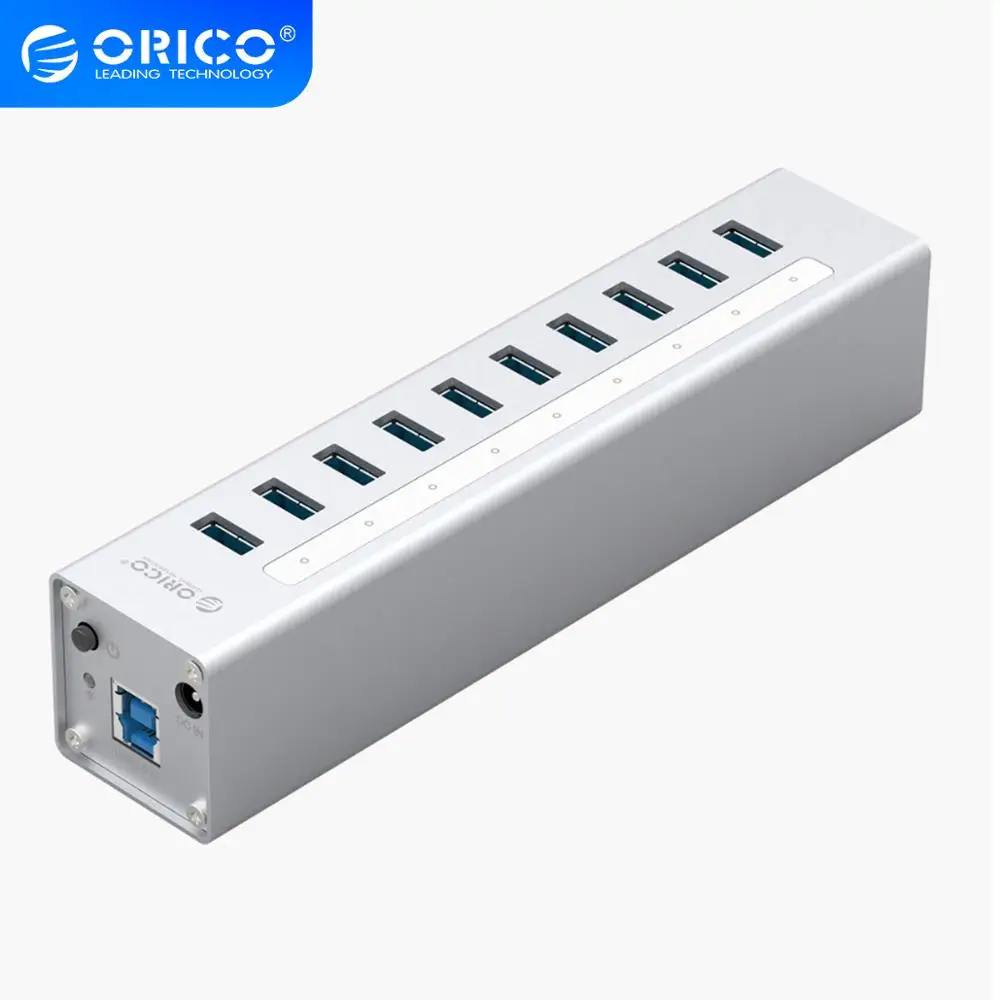 Алюминиевый Концентратор ORICO с 10 портами USB 3,0, высокоскоростной сплиттер 5 Гбит/с для ПК, ноутбука, компьютера, адаптер питания 12 В серебристого цвета - изображение