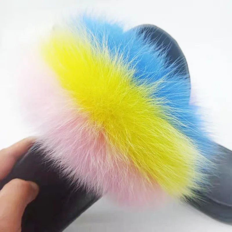 

Wholesale real fox fur slippers women fashion fur slides ladies furry home sandals processing Natural fur sliders Custom Size