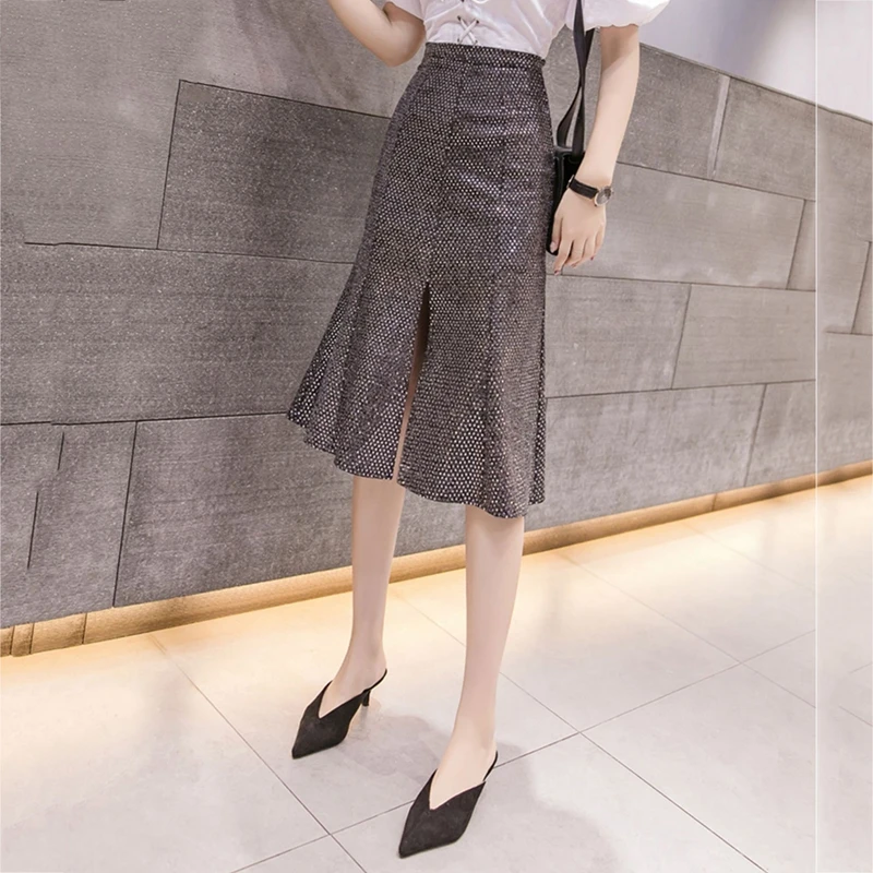 RICININA Womens Skirt Female Autumn Split Sequin Casual Elegant Mermaid Skirt Women High Waist Office Jupe Femme Plus Size