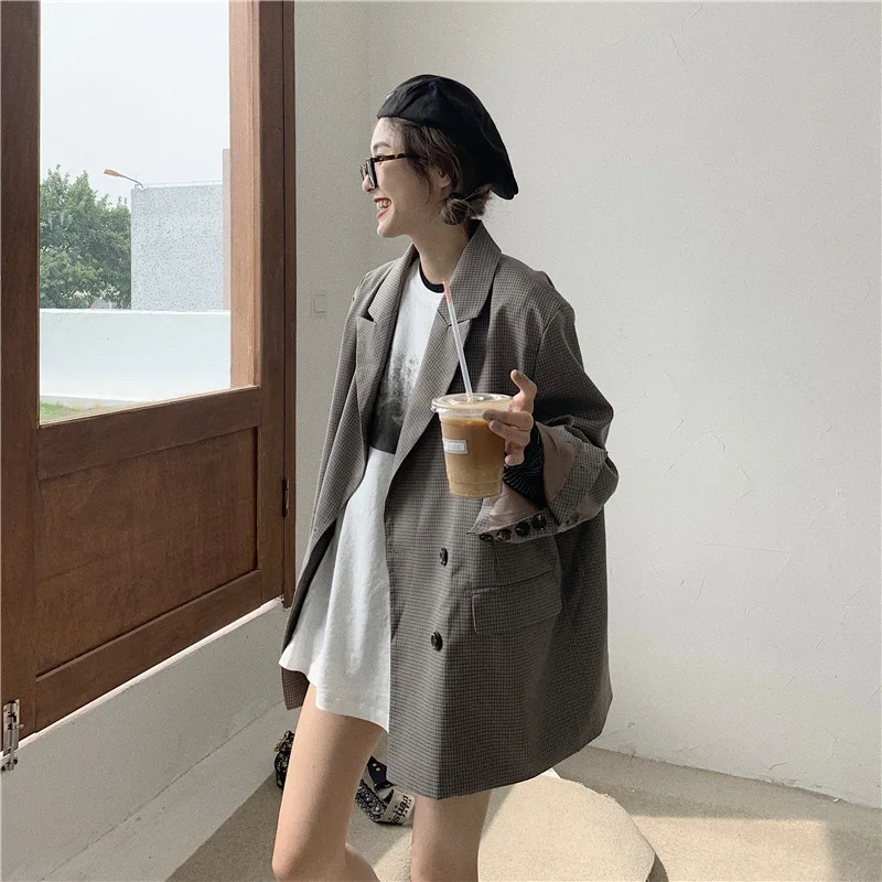 

2019 Autumn New Style Korean-style Simple INS Hong Kong Style Versatile Retro Loose Casual Plaid Small Suit Coat Women's