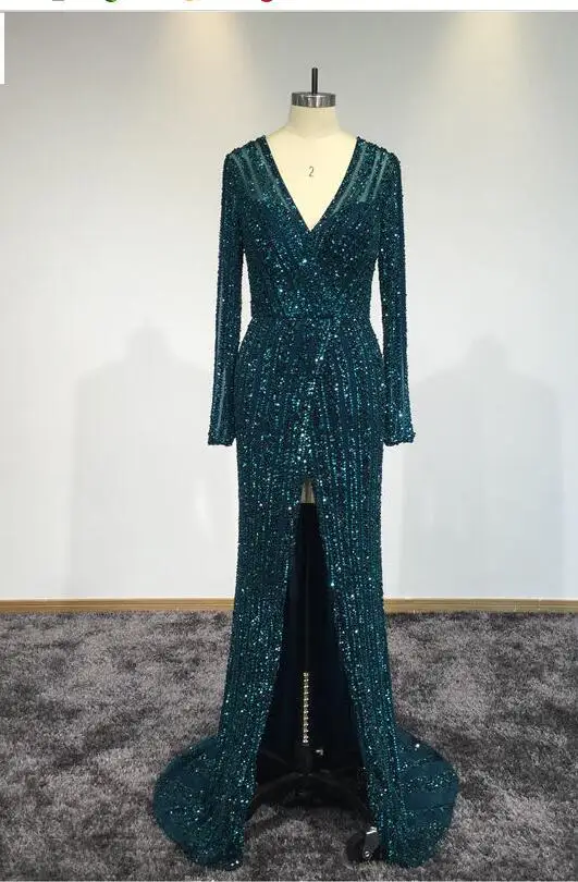 

Hot8 Deep- v neck Real Sample Evening Dress Luxurious Front Split Mermaid Prom Dresses Long Sleeve