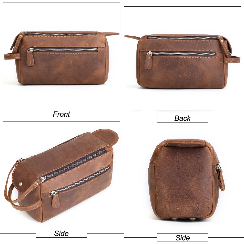 Flanker crazy horse leather men cosmetic bag casual wash bag travel makeup bag double zipper man toiletry case with phone pocket