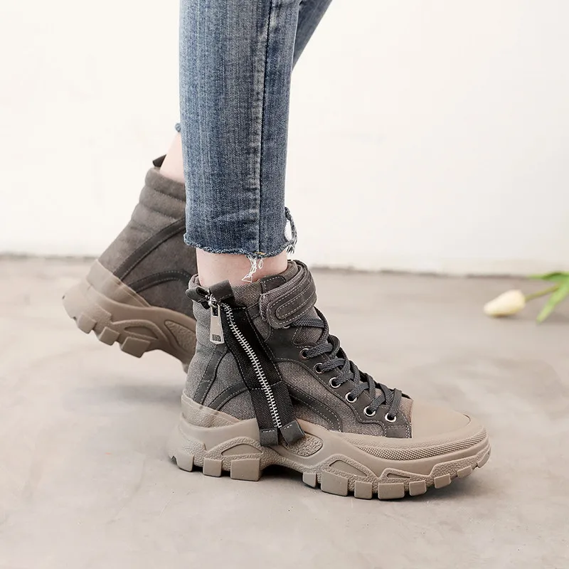

Lace Up Boots Shoes Zipper Flat Heel Luxury Designer Round Toe Bootee Woman 2019 Booties Ladies Rubber Lolita Mid Calf Fashion