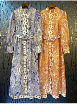 

2020 Autumn A Line Printed Floral Vacation Dress High Waist Belt Deco Long Sleeve Yellow Dress High Quality