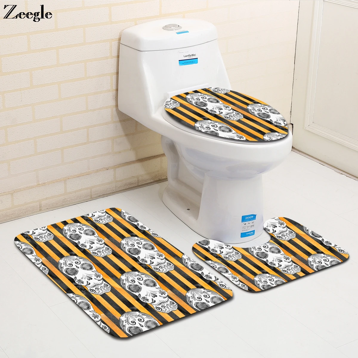 Halloween Bath Mat Set Toilet Pedestal Rug Foot Mat Flannel Soft Toilet Seat Cover Mat Non Slip Bathroom Doormat 3pcs Toilet Set