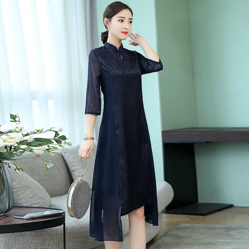 

Spring And Summer Dress 2019 New Style WOMEN'S Dress Elegant Waist Hugging Embroidery Real Silk Irregular Three-quarter-length S