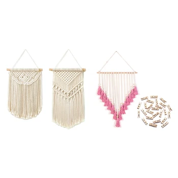 

2 Pcs Macrame Wall Hanging Small Woven Tapestry & 1set Wall Photo Display Macrame Wall Hanging Pink & 25 Wood Clips