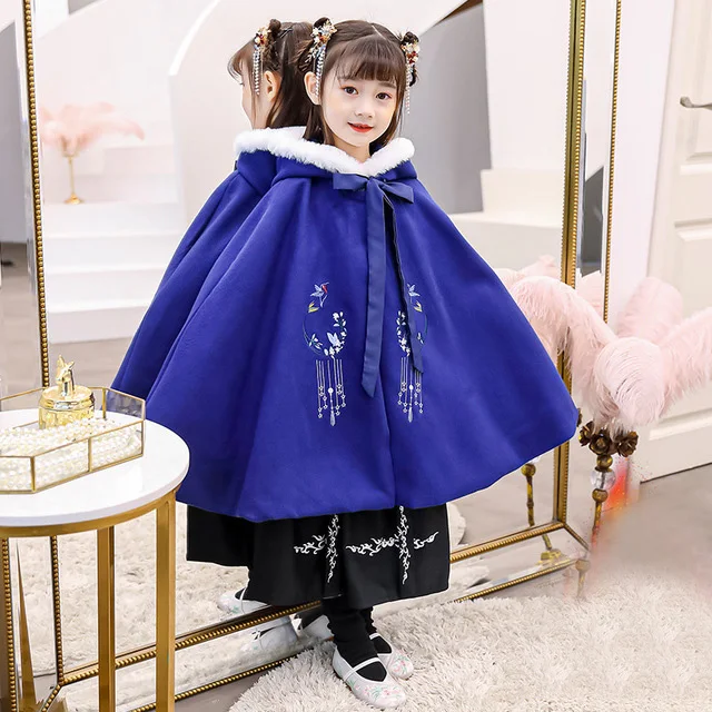 Hanfu/зимняя Длинная накидка с вышивкой для девочек; детская Мантия в китайском стиле; Рождественская накидка с капюшоном; Новогодняя одежда - Цвет: blue lantern