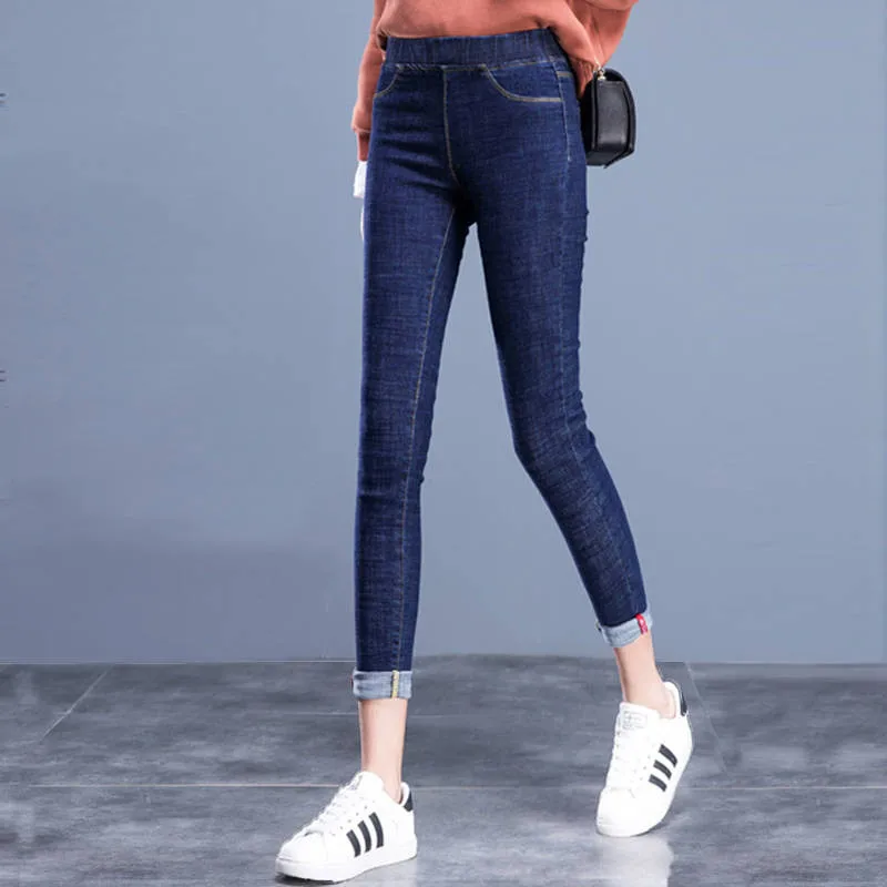 Женские джинсы-карандаш Harajuku синие джинсы большого размера с высокой талией и