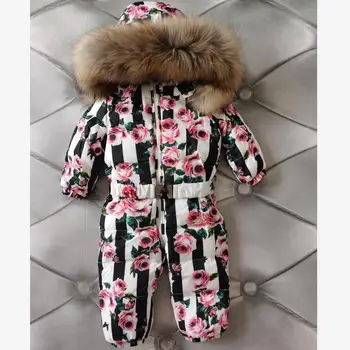 

Winter New Children Down Coat Hooded Snow Wear Thicker Warm Print Jumpsuits for Girl real fur collar Down Jackets for boys L494