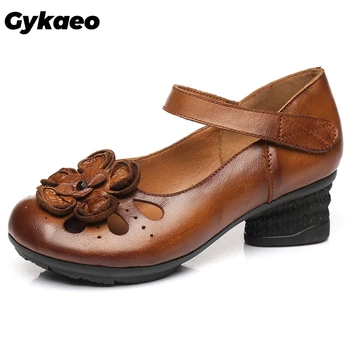 

2020 Spring Retro Flowers genuine leather pumps women shoes Lady High Heels Slip On Floral party wedding shoes chaussures femme