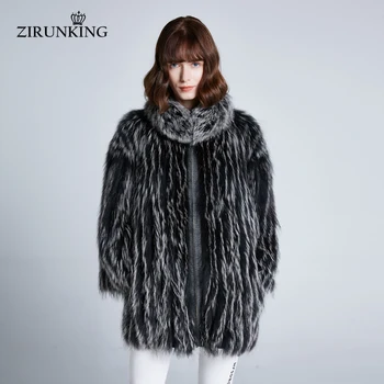 

ZIRUNKING 2019 New Women Real Silver Fox Fur Coats Natural Big Fox Fur Collar Coat Lady Winter Fur Overcoat ZC1939